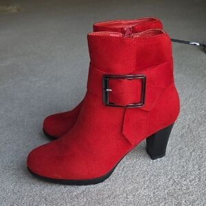 Elegant Red Heeled Boots with Buckle SIZE 6.5